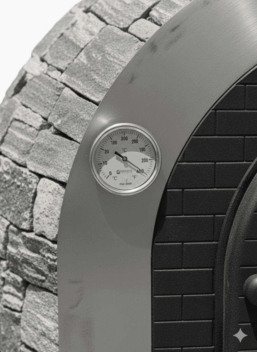Close-up van een analoge thermometer ingebouwd in een RVS boog van een steenoven