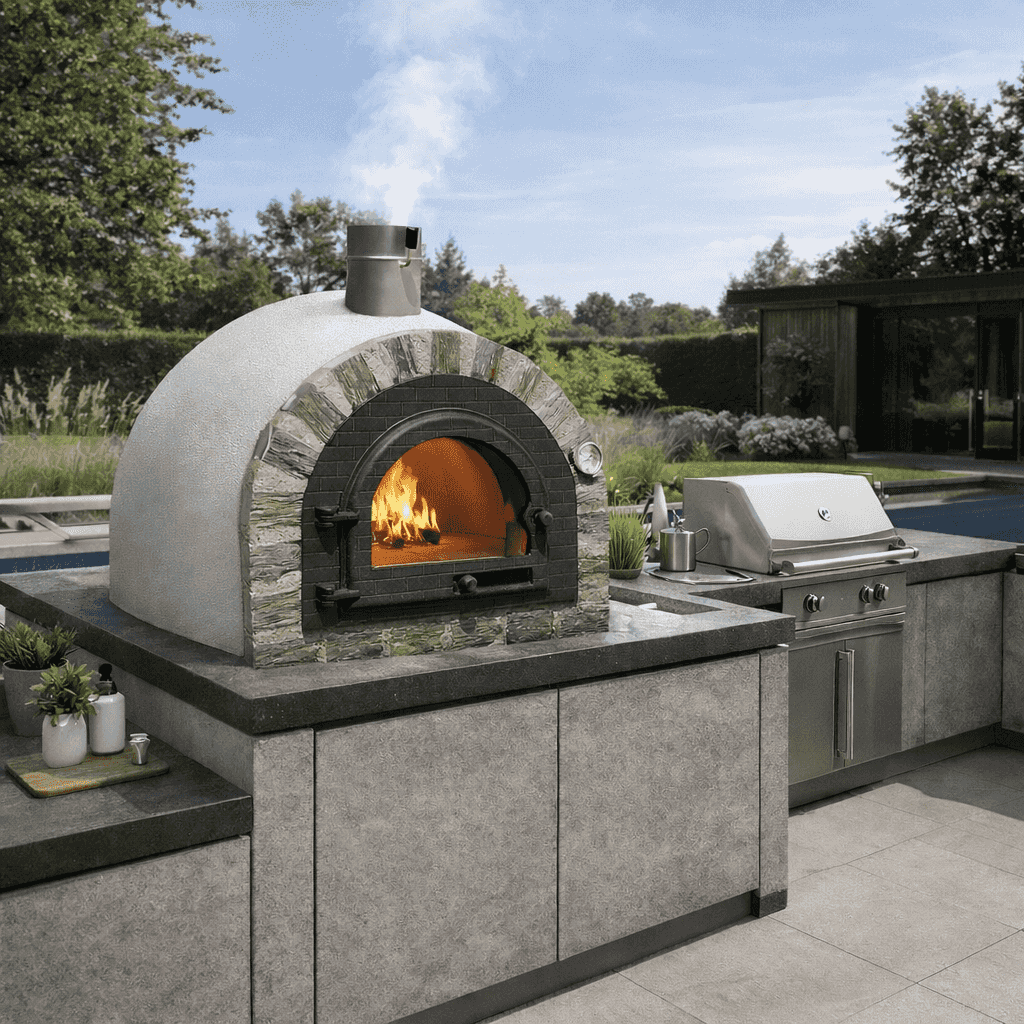 Luxe grijze buitenkeuken met ingebouwde steenoven met brandend vuur en een gasbarbecue