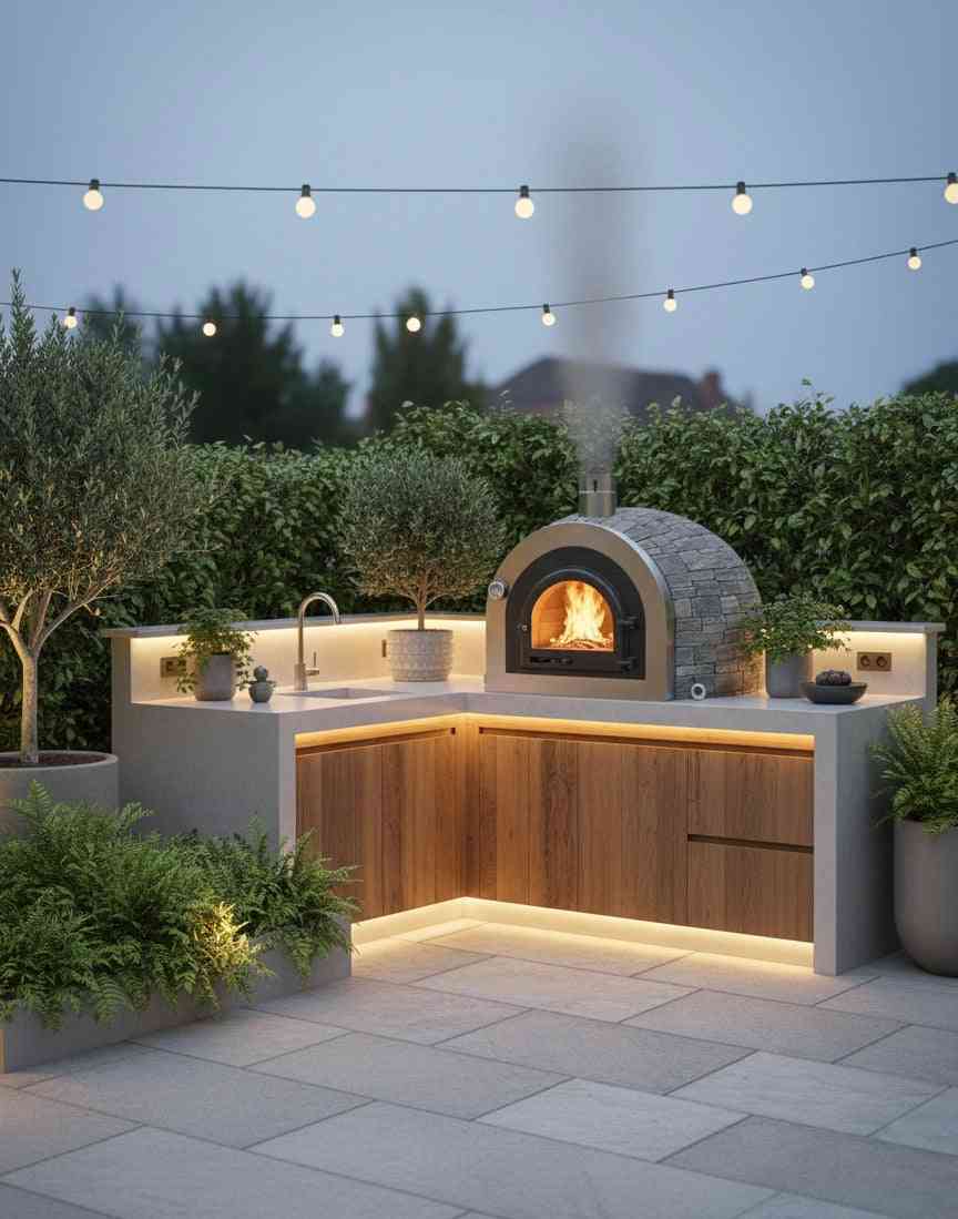 luxe hoek-buitenkeuken met ingebouwde stenen oven, houten kasten en sfeervolle led-verlichting