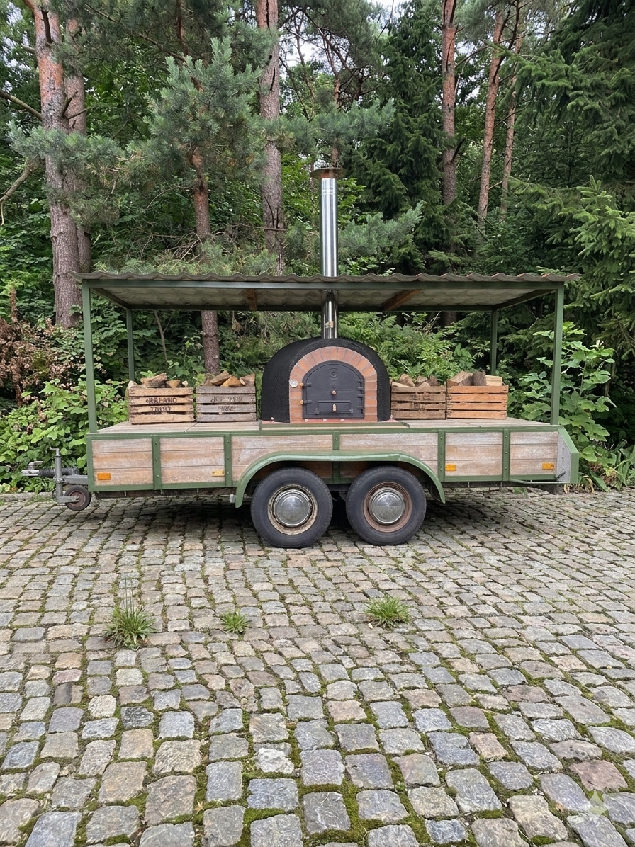 Houten buitenkeuken met een steenoven