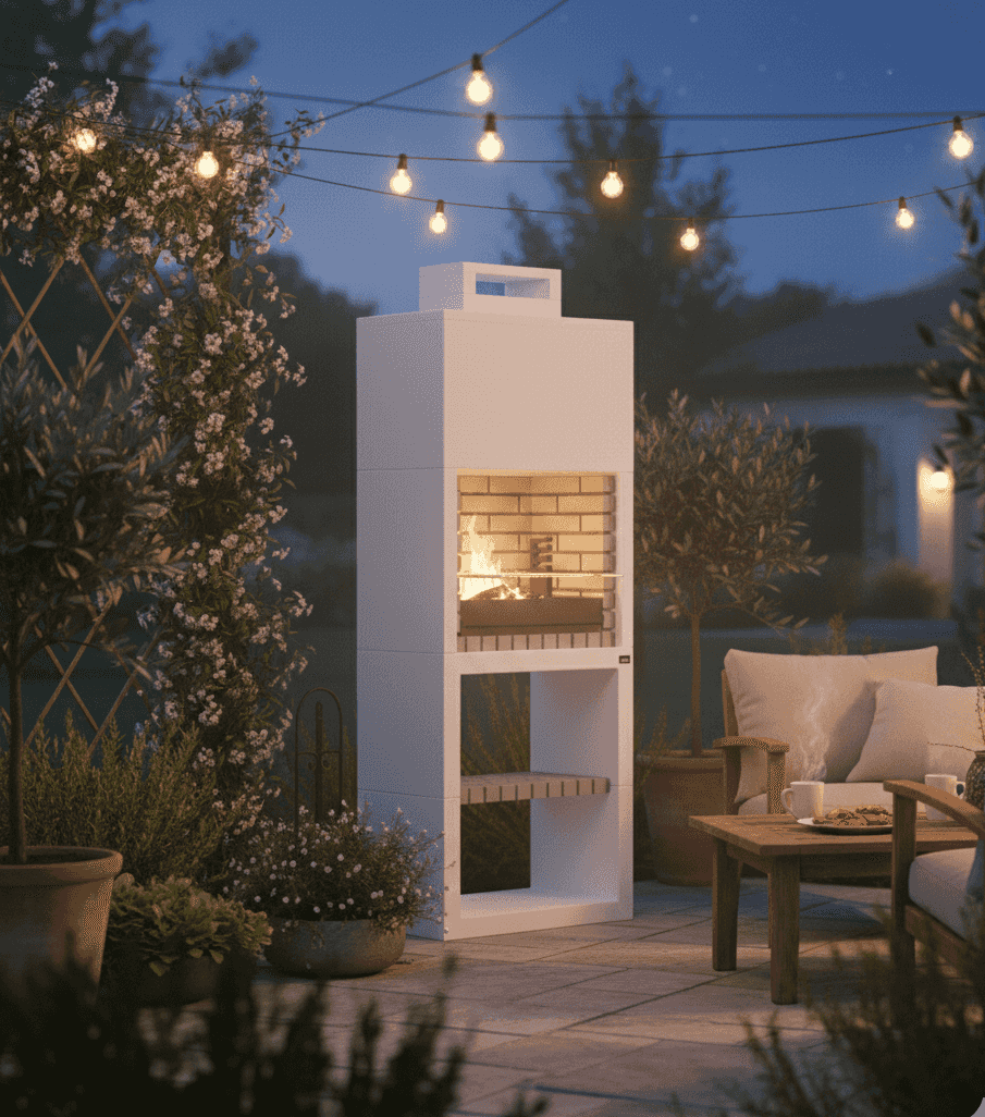 Sfeervolle Lotus tuinhaard op terras - Design buitenhaard brandend in de avond