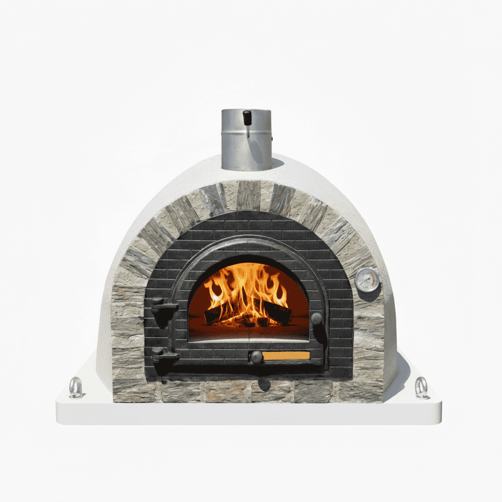 Witte houtgestookte steenoven met natuurstenen boog, brandend vuur en thermometer
